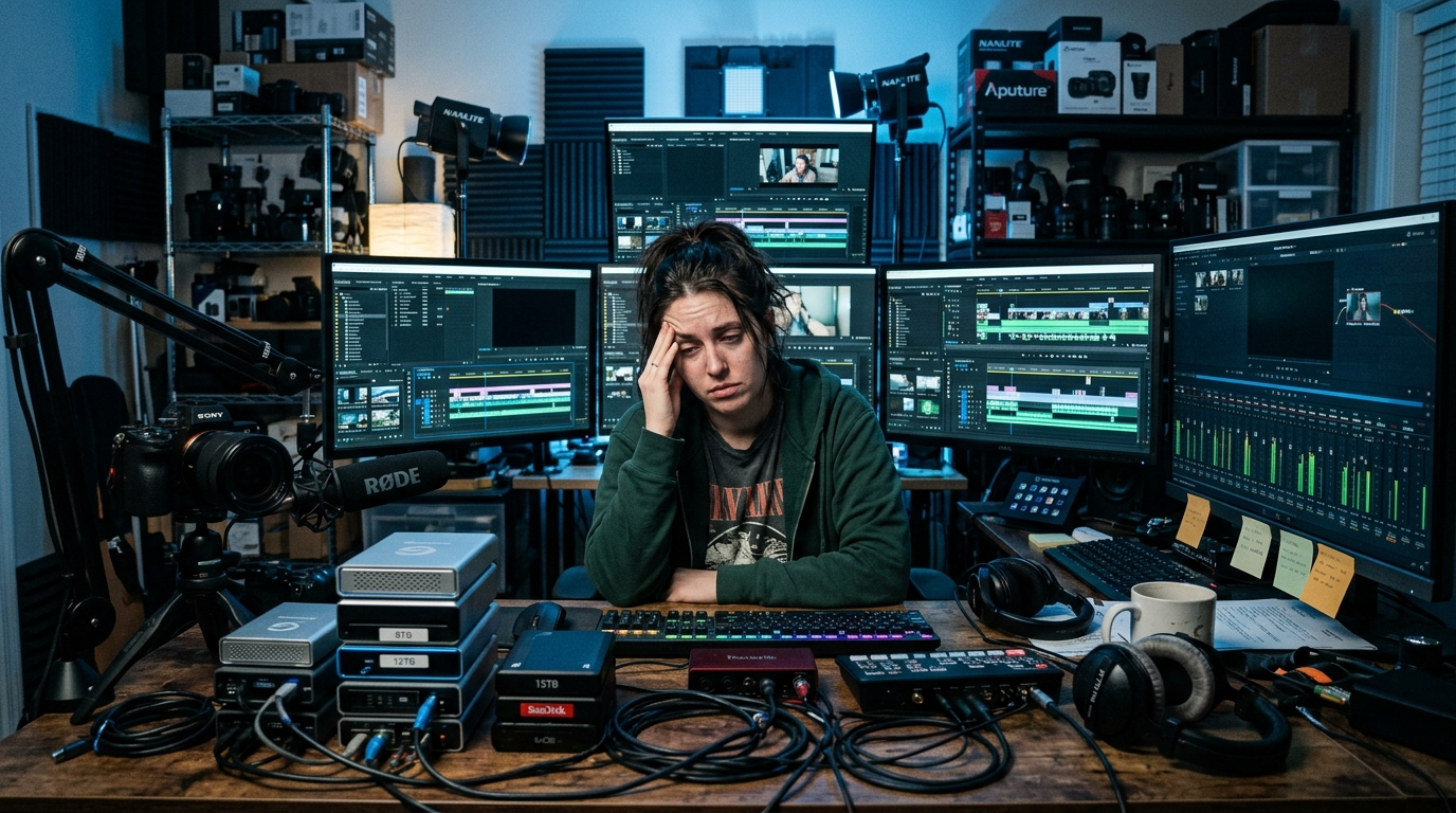Overwhelmed solo creator buried in video production chaos — cameras, hard drives, endless timelines — representing the 13-day struggle