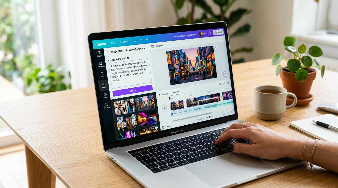 Clean, focused view of Canva interface on laptop with AI video generation in progress — a prompt being typed and video clips appearing on timeline