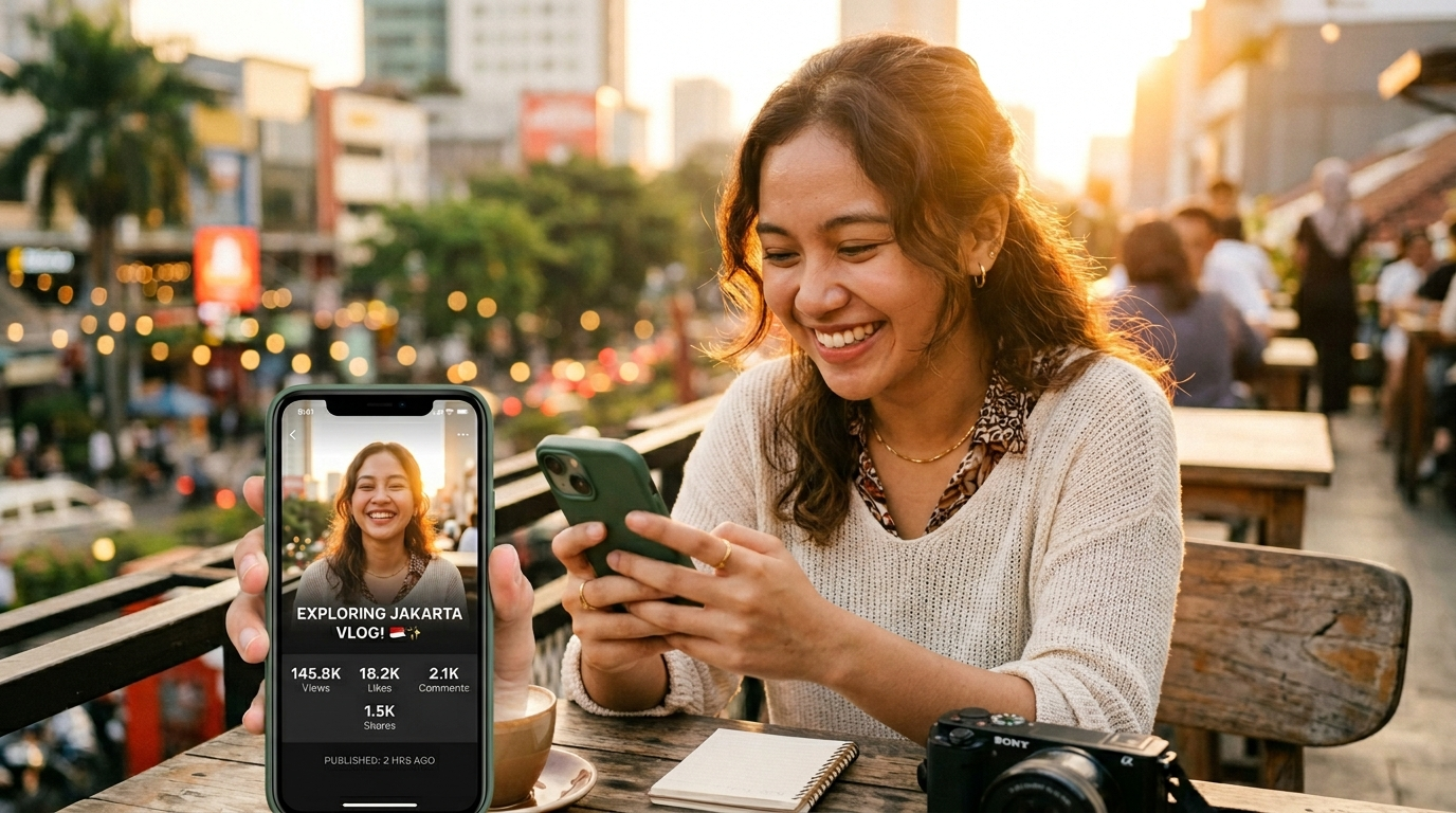 Creator celebrating success, holding phone showing video with strong engagement metrics — representing the 91% cost reduction and time savings achieved