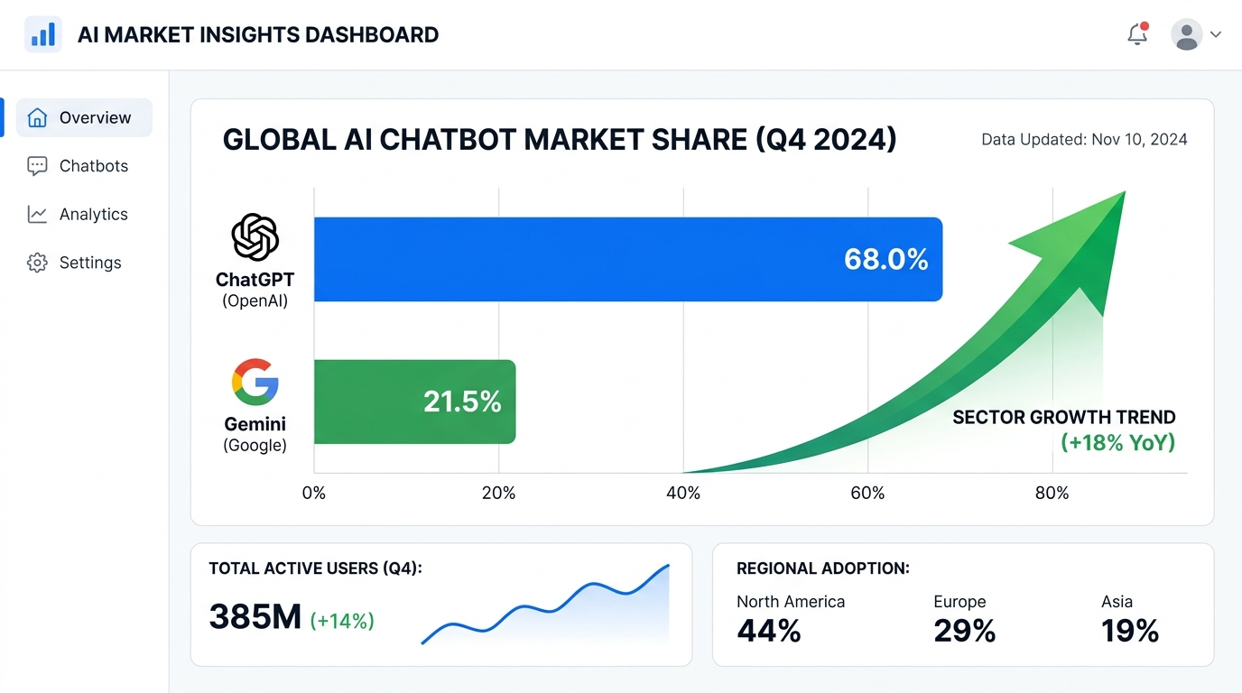 AI chatbot market share data visualization showing ChatGPT vs Gemini competitive landscape