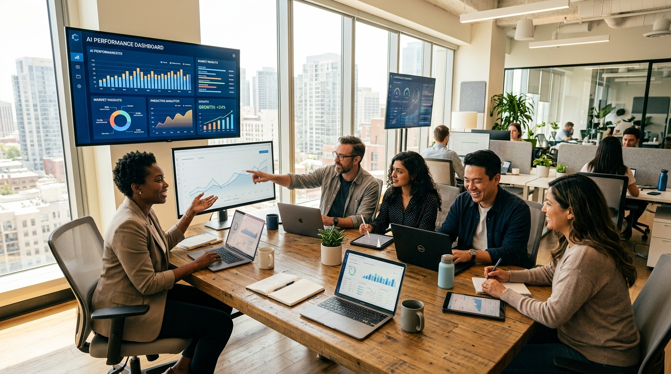 Diverse business team collaborating over AI dashboards making strategic platform decisions