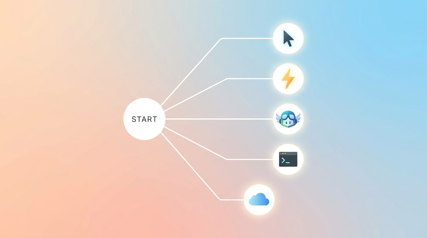 Clean visual decision tree with tool icons branching from different developer personas — illustrating that the right AI coding tool depends on your workflow, not hype