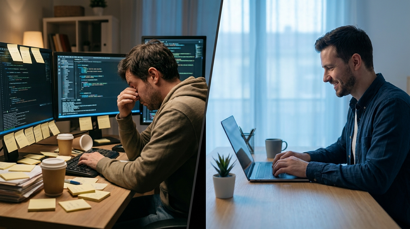 Side-by-side comparison of a developer coding manually (tired, piles of notes) versus using AI tools (relaxed, one clean laptop screen) — contrast between old and new way of coding