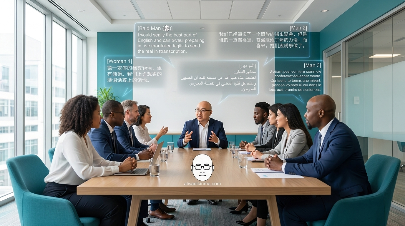 Professional meeting room with holographic AI transcription overlays showing multilingual speaker identification
