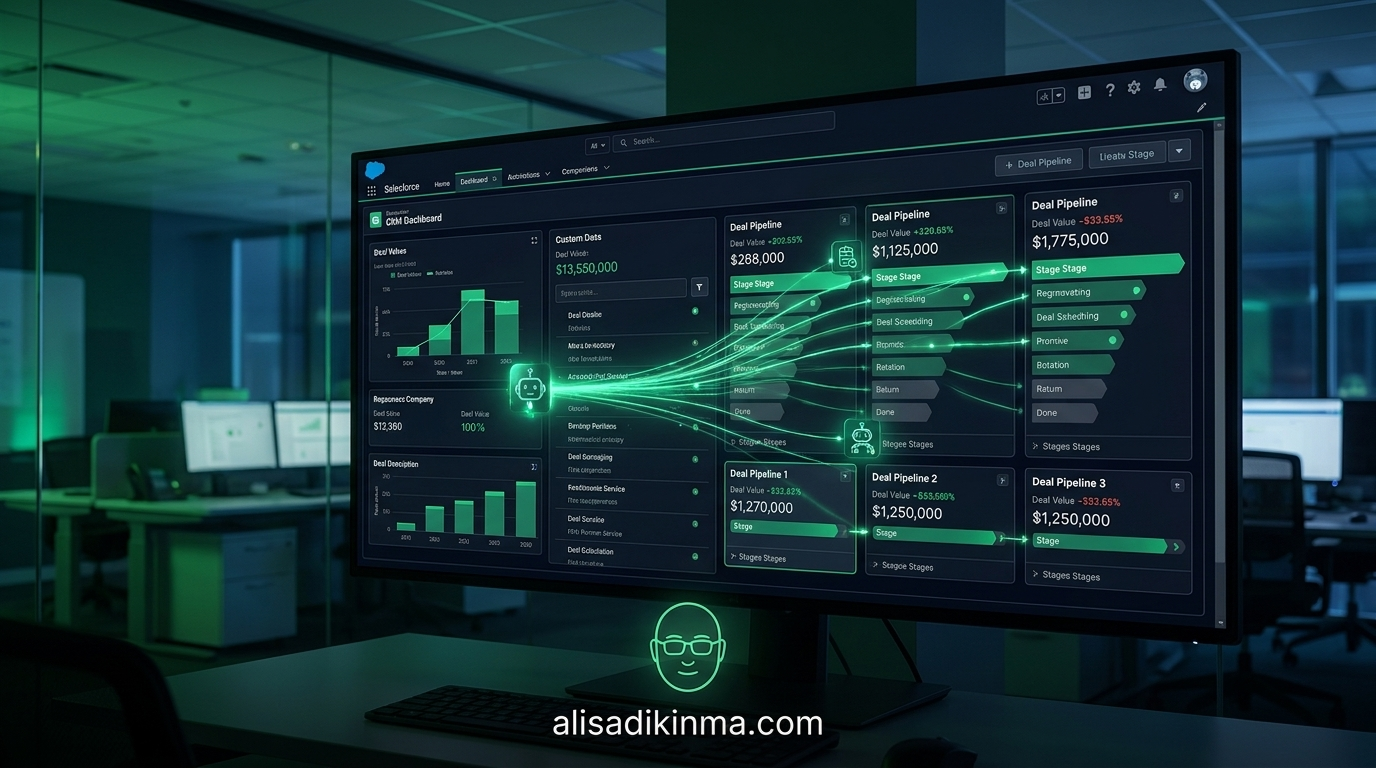 Futuristic enterprise dashboard with AI agents autonomously navigating a CRM interface