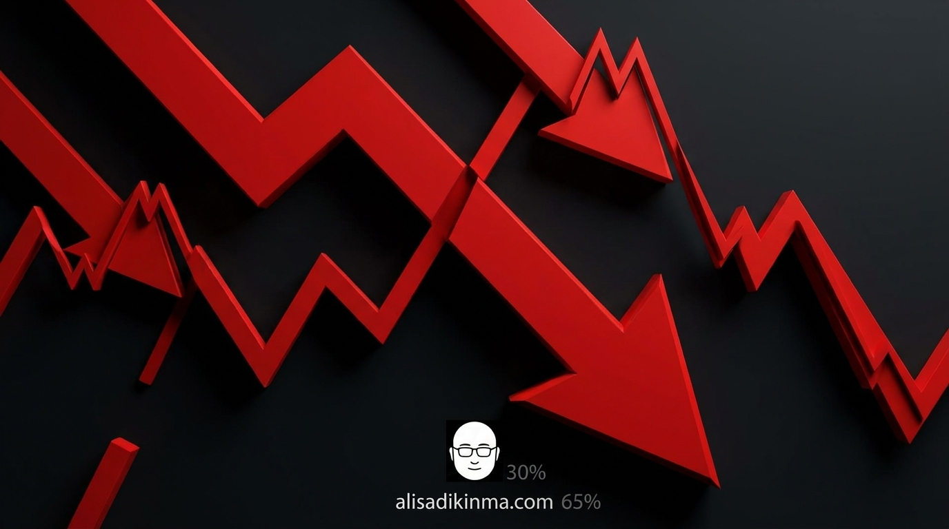Abstract editorial visualization of market decline — red downward arrows against dark background, dramatic financial market aesthetic with no company logos