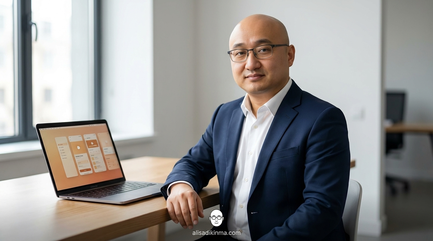 Young professional at a minimal modern workspace, laptop screen showing a clean prototype mockup, warm natural window light, candid confident expression — editorial magazine style