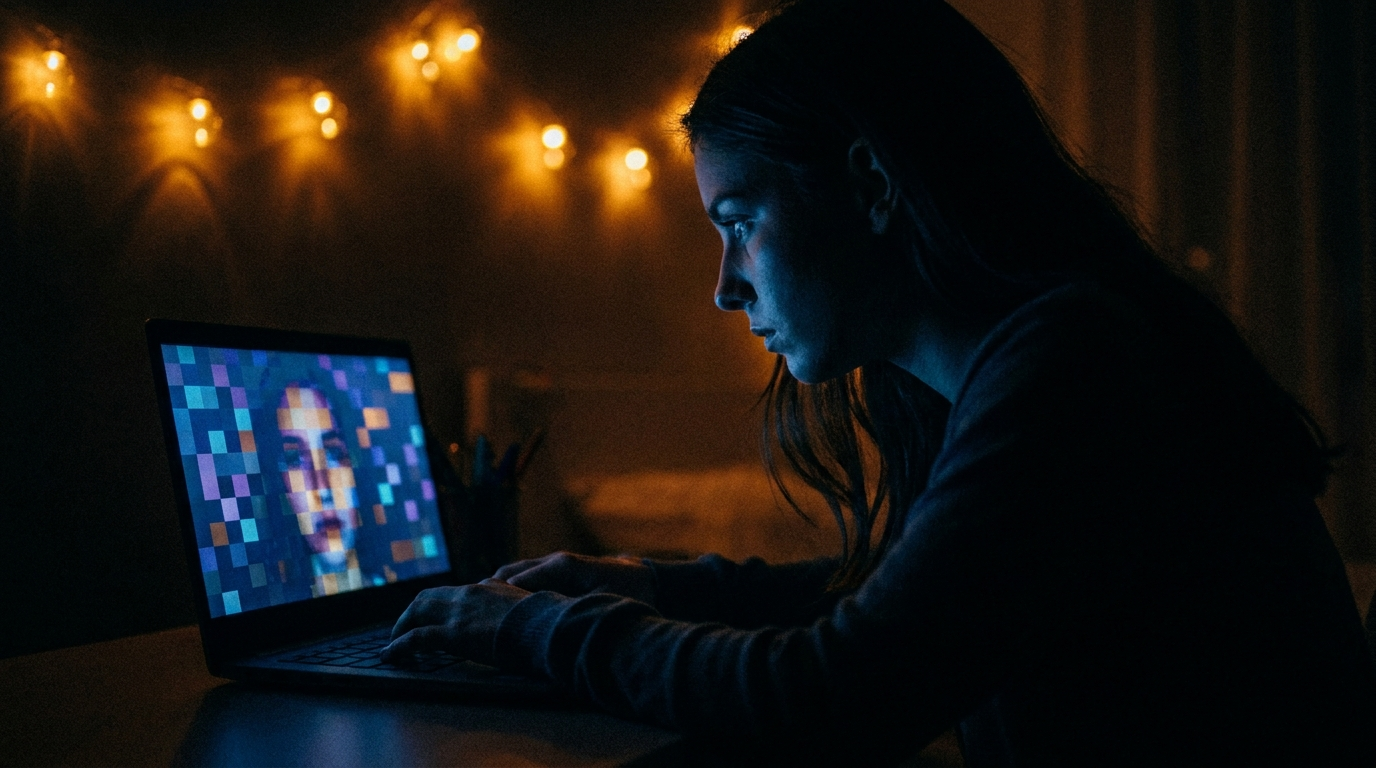Silhouetted woman at a desk, laptop screen showing a distorted glitched reflection of her face — representing digital privacy violation without revealing identity.