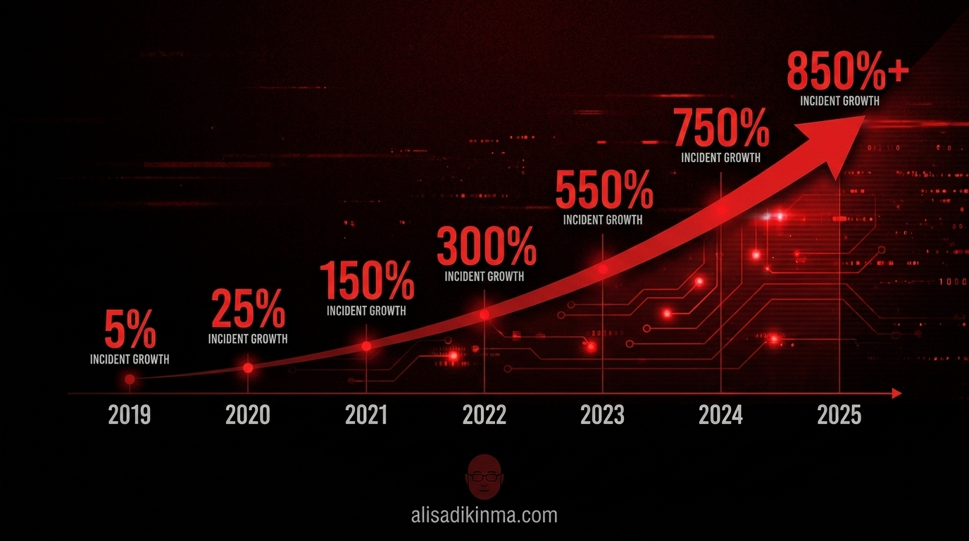 Timeline data visualization showing the explosive 1,780% growth of nonconsensual deepfake incidents from 2019 to 2025 — dark red palette conveying danger and escalation