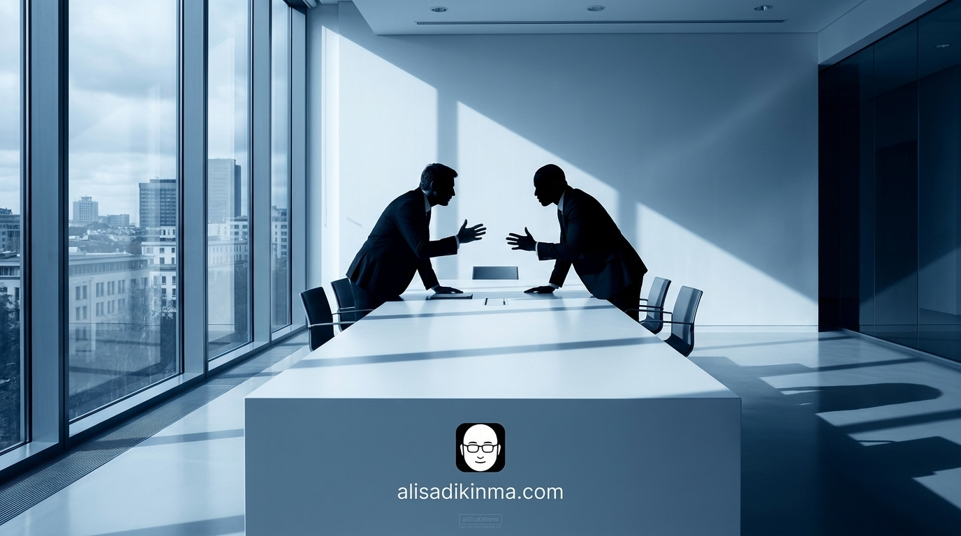 Two powerful corporate entities negotiating tensely across a formal table — representing the high-stakes Apple vs xAI standoff over App Store access and AI safety compliance