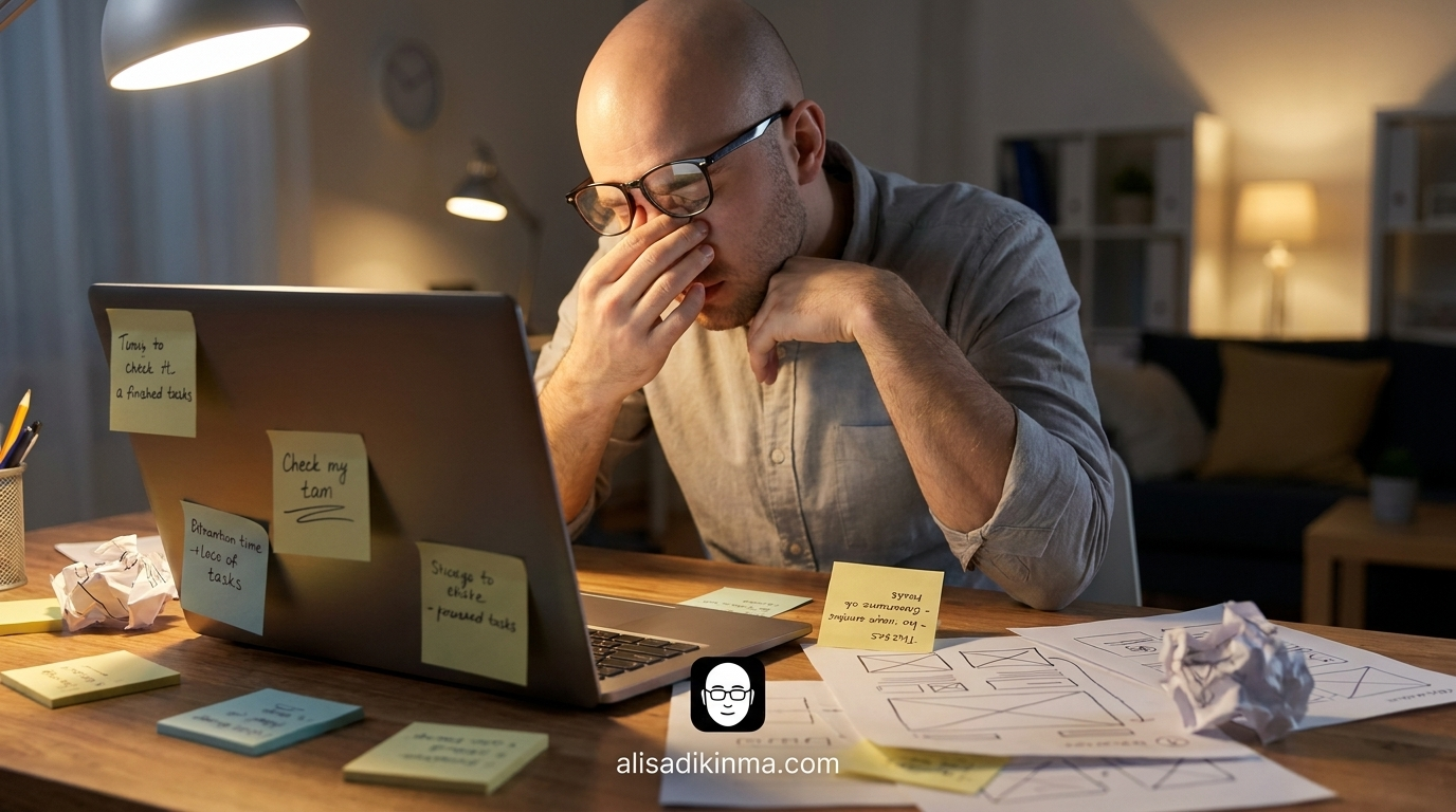 Seorang founder atau product manager yang frustrasi dikelilingi kompleksitas desain — sticky notes, sketsa wireframe, gelas kopi kosong — menggambarkan rasa sakit dari bottleneck desain tradisional