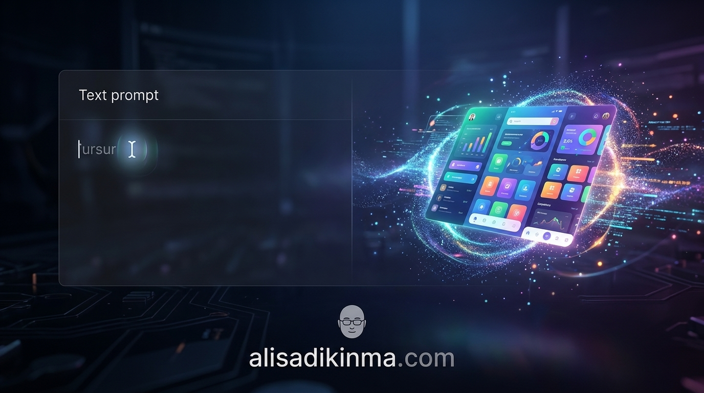 Ruang kerja AI futuristik di mana prompt teks di sisi kiri secara ajaib berubah jadi prototype UI yang rapi di sisi kanan — mewakili momen revelasi inti Claude Design