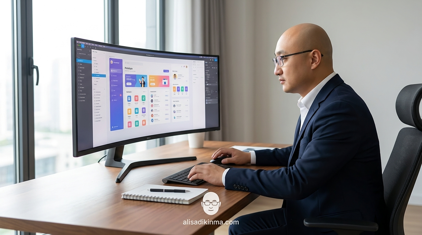 Seorang product designer yang percaya diri bekerja dengan Claude Design di studio modern — monitor besar menampilkan prototype UI berwarna-warni yang dibangun dari prompt teks, mewakili pemberdayaan produktif