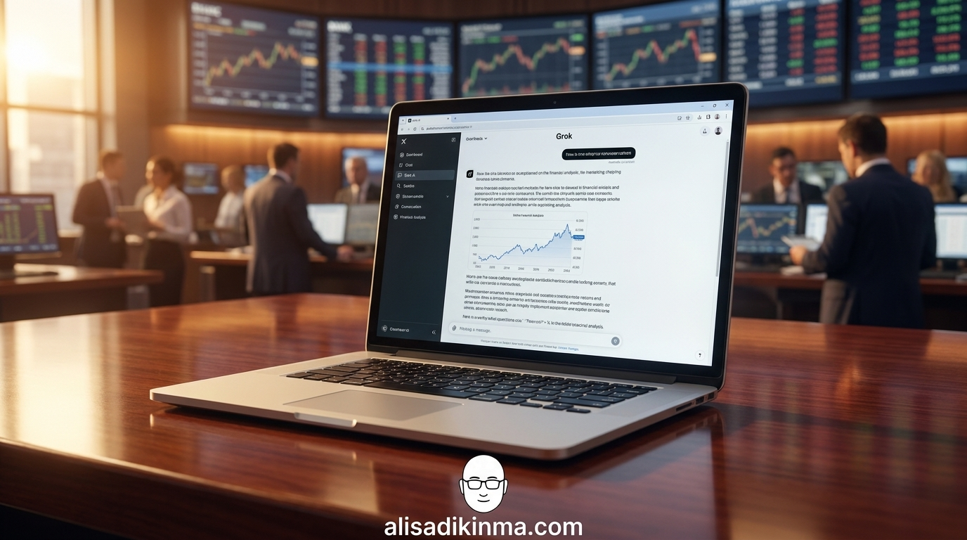 A sleek laptop on a polished mahogany trading desk displaying the Grok AI interface with financial data visible in the chat — the moment a Wall Street banker realizes the new rules of the game
