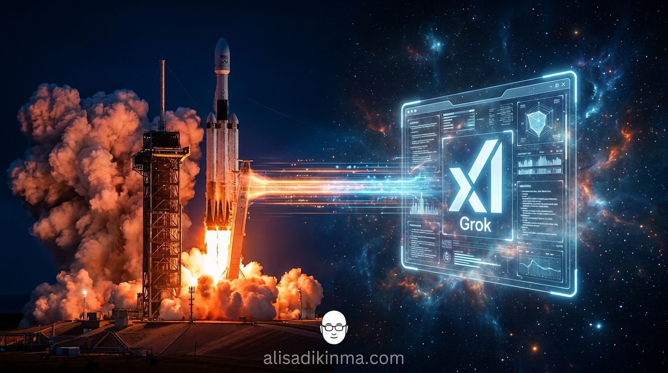 Split-scene visualization of SpaceX rocket on launchpad and glowing xAI Grok hologram connected by a luminous data stream — the hardware-software merger that changed everything