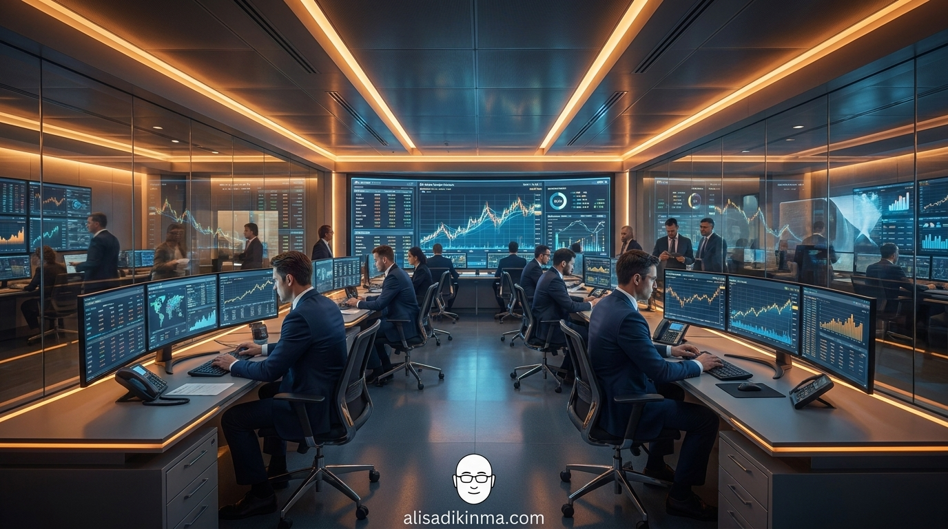 Futuristic 2026-aesthetic investment bank trading floor with traders working alongside AI-generated market analysis dashboards with Grok-style interface elements — the new reality of AI-mandated finance