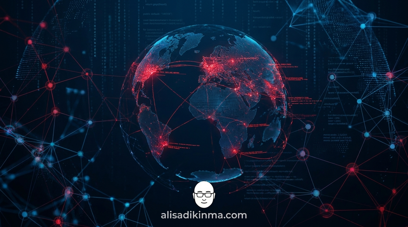 Dark cybersecurity visualization of global zero-day vulnerabilities — glowing red threat nodes spreading across a digital network globe, representing Mythos discovering thousands of unpatched security flaws
