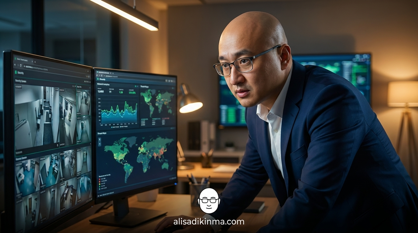 Indonesian business professional intensely focused at a modern cybersecurity operations dashboard — representing the urgency for Indonesian businesses to audit and defend their digital infrastructure