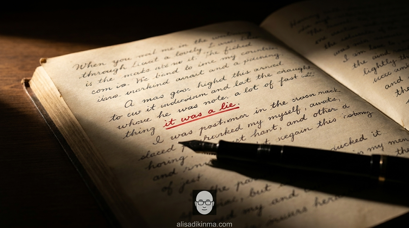 Aged journal page with the key quote highlighted in red, dramatic low-angle lighting, a pen resting on the open diary — symbolizing words that outlasted their author\'s intentions.