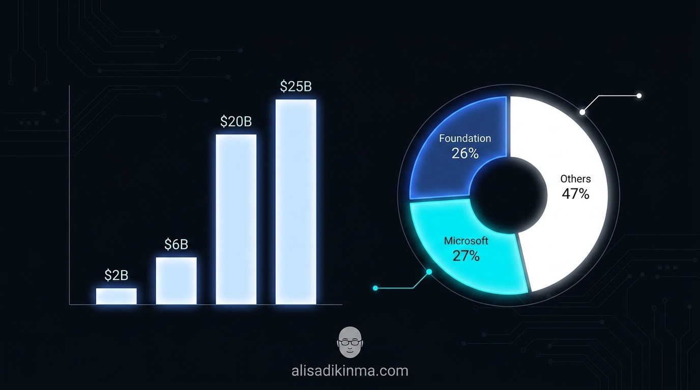 Clean data visualization — revenue growth bars (B to B) rising dramatically, overlaid with ownership pie chart showing Foundation 26%, Microsoft 27%, Others 47%. Tech infographic aesthetic.