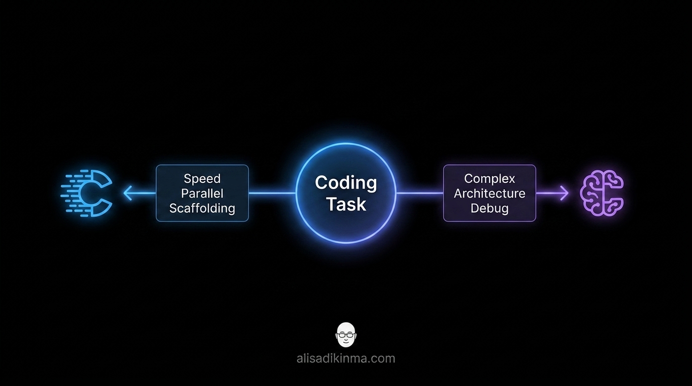 Developer task routing diagram — branching from a central coding task node into two paths: speed-critical work routed to Codex, depth and reasoning work routed to Claude Code