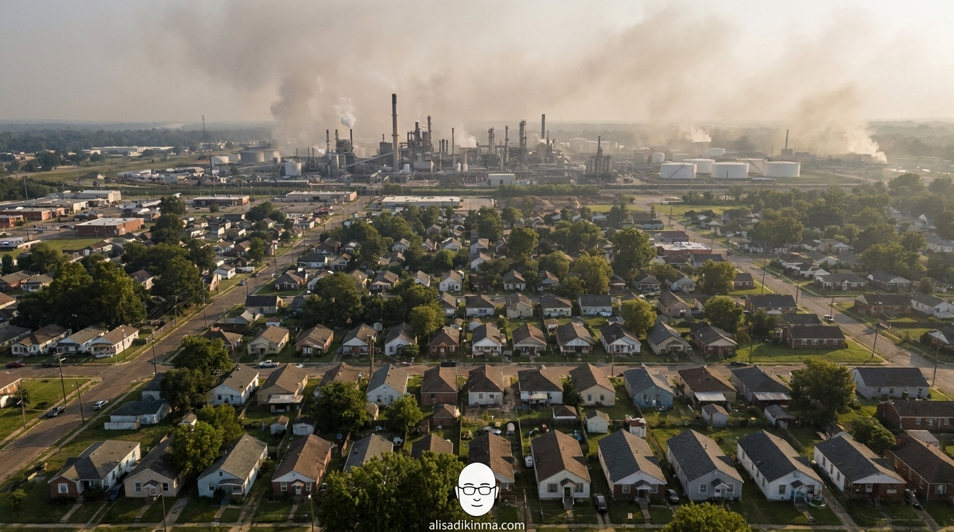 Aerial view of South Memphis/Boxtown neighborhood showing modest residential homes against an industrial backdrop with hazy air