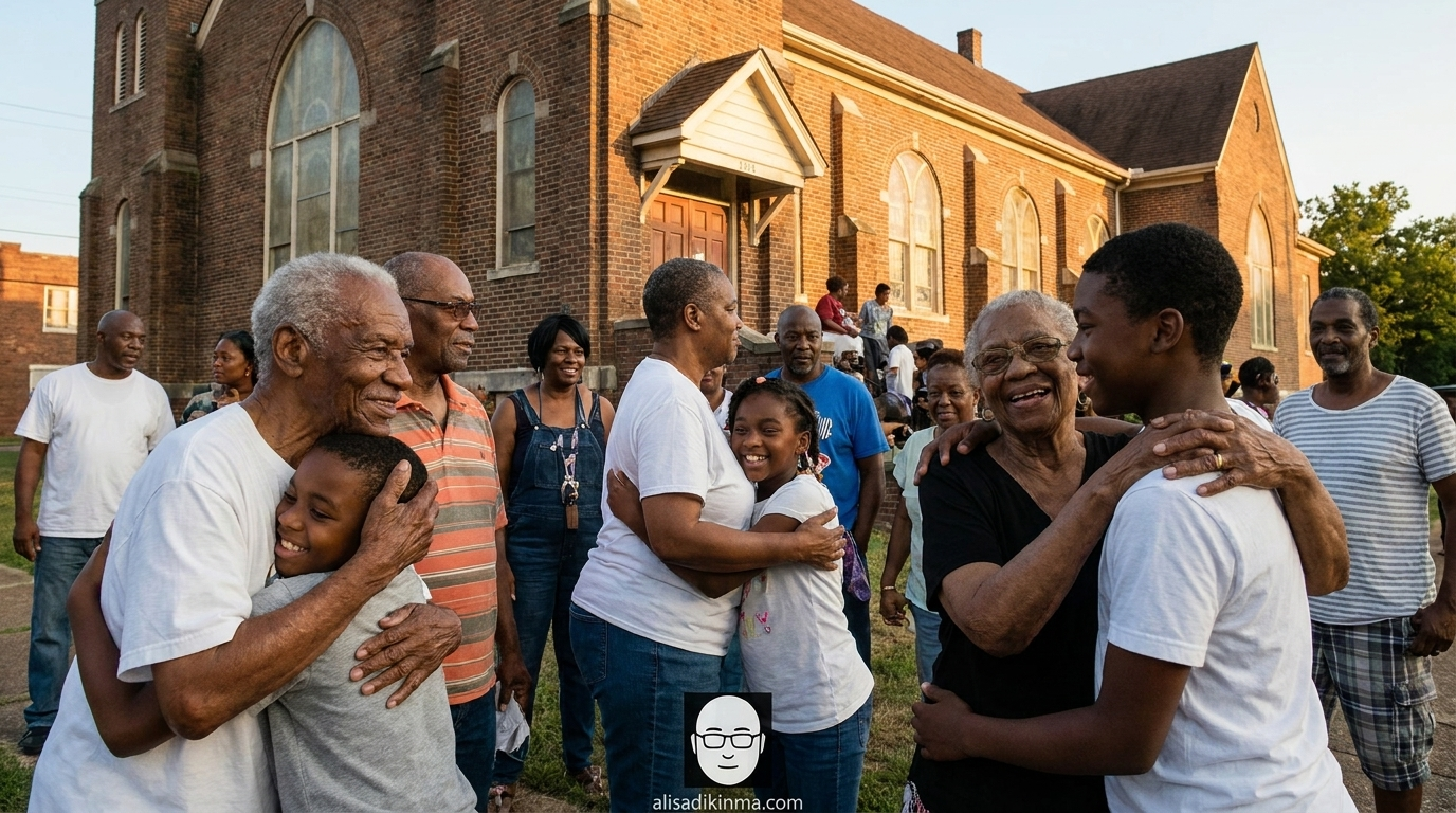 Boxtown community members of multiple generations outside a historic church, conveying deep community roots and resilience
