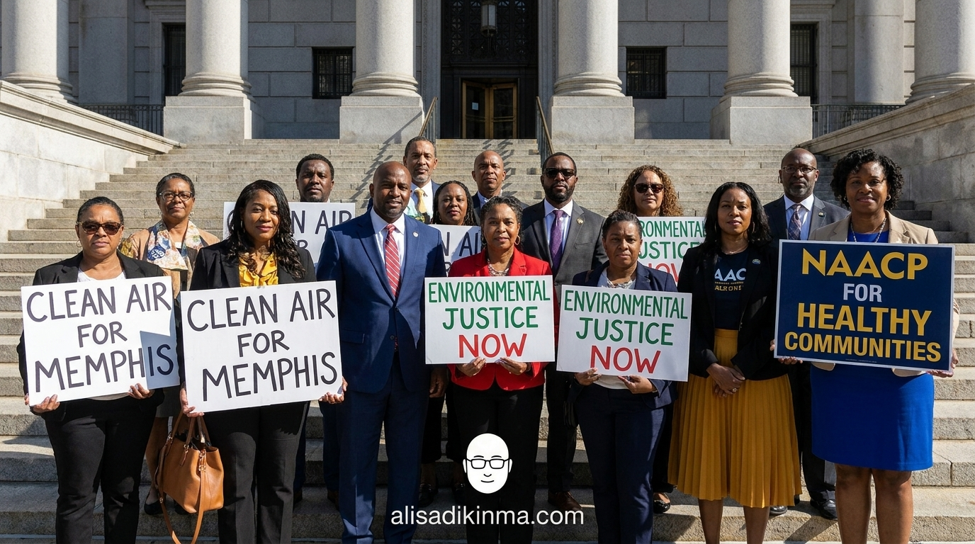 NAACP activists and Earthjustice lawyers outside a federal courthouse holding protest signs, conveying legal action and community power