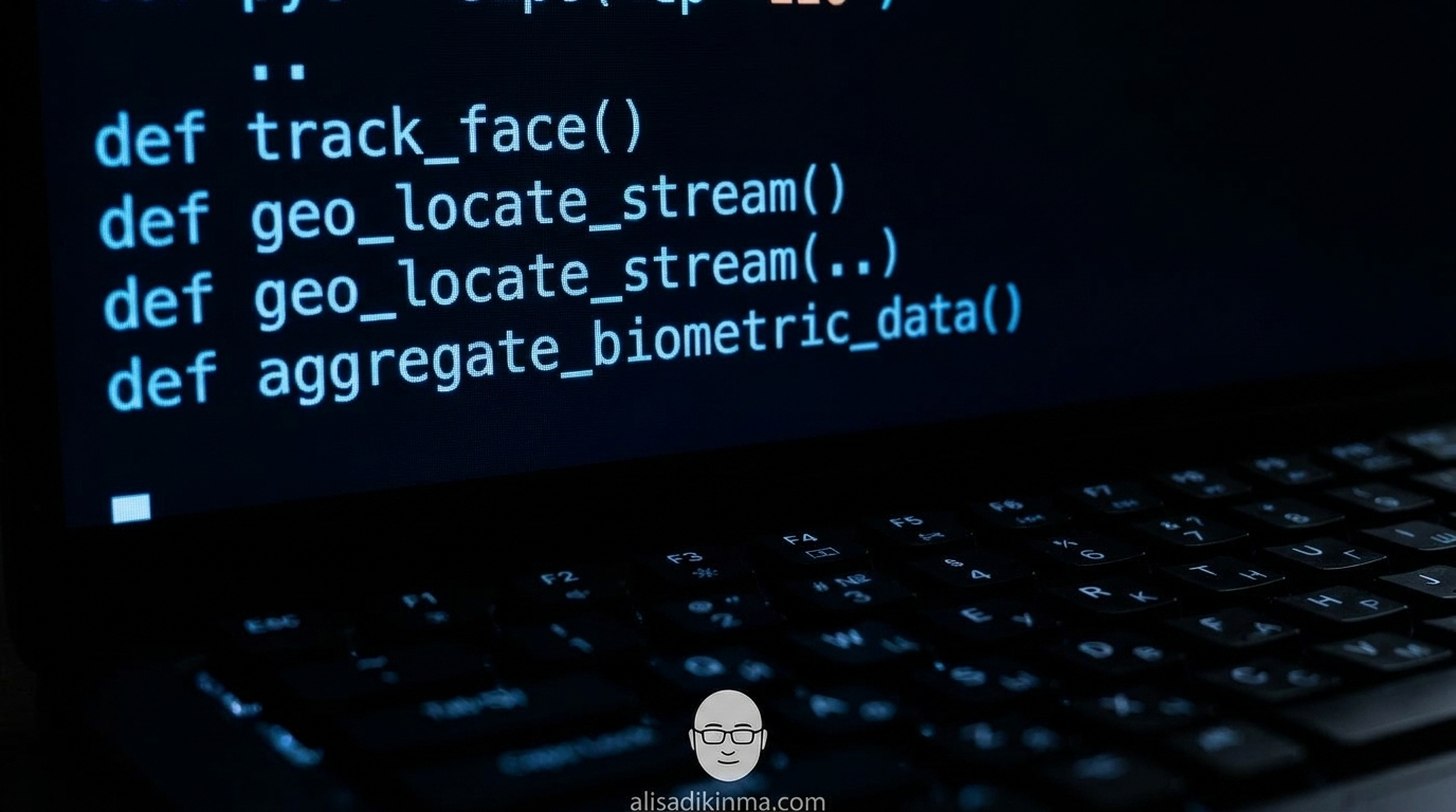 Dark terminal screen with AI-generated surveillance code visible — shows the moment the system came to life from simple prompts