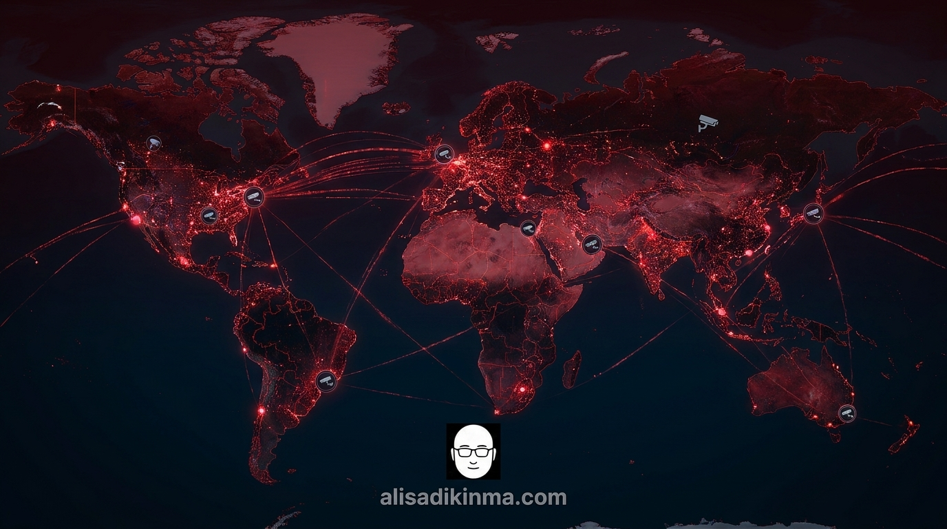 Global surveillance map with red network nodes over every continent — visualizes the worldwide reach of AI-powered mass surveillance infrastructure