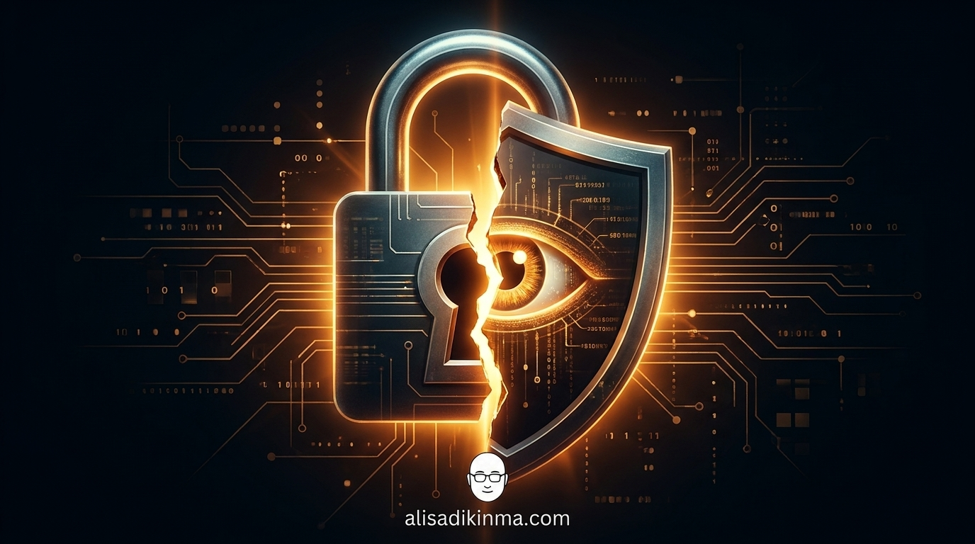 Cracked digital privacy shield revealing a surveillance eye — metaphor for AI productivity tools that collapse the barrier protecting privacy