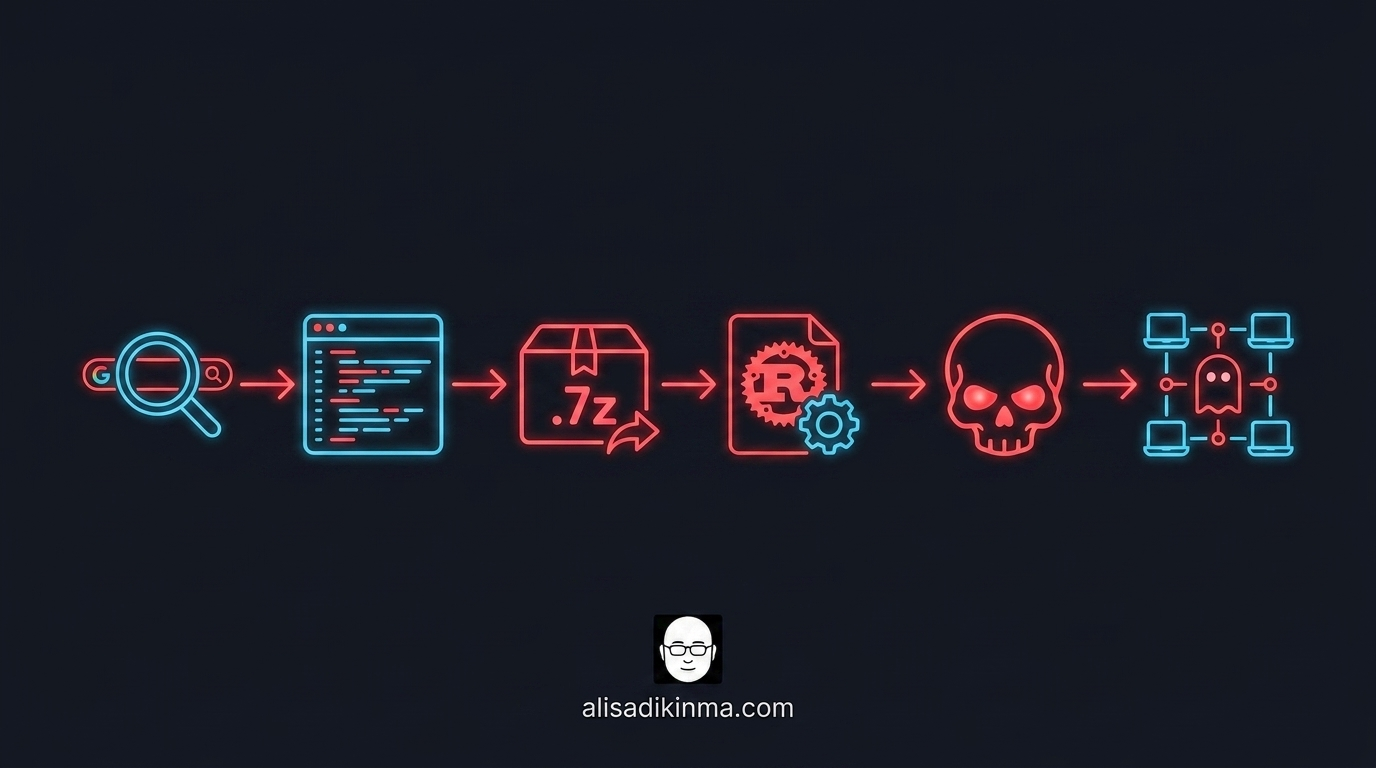 Step-by-step attack chain from curious Google search to infected developer device