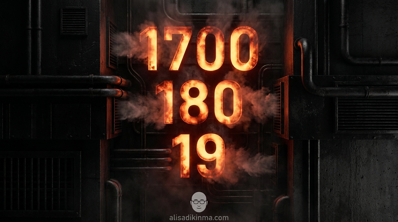 Dark ominous visualization of three stacked industrial pollution numbers — 1700 / 180 / 19 — representing annual tons of NOx, particulate matter, and formaldehyde emissions