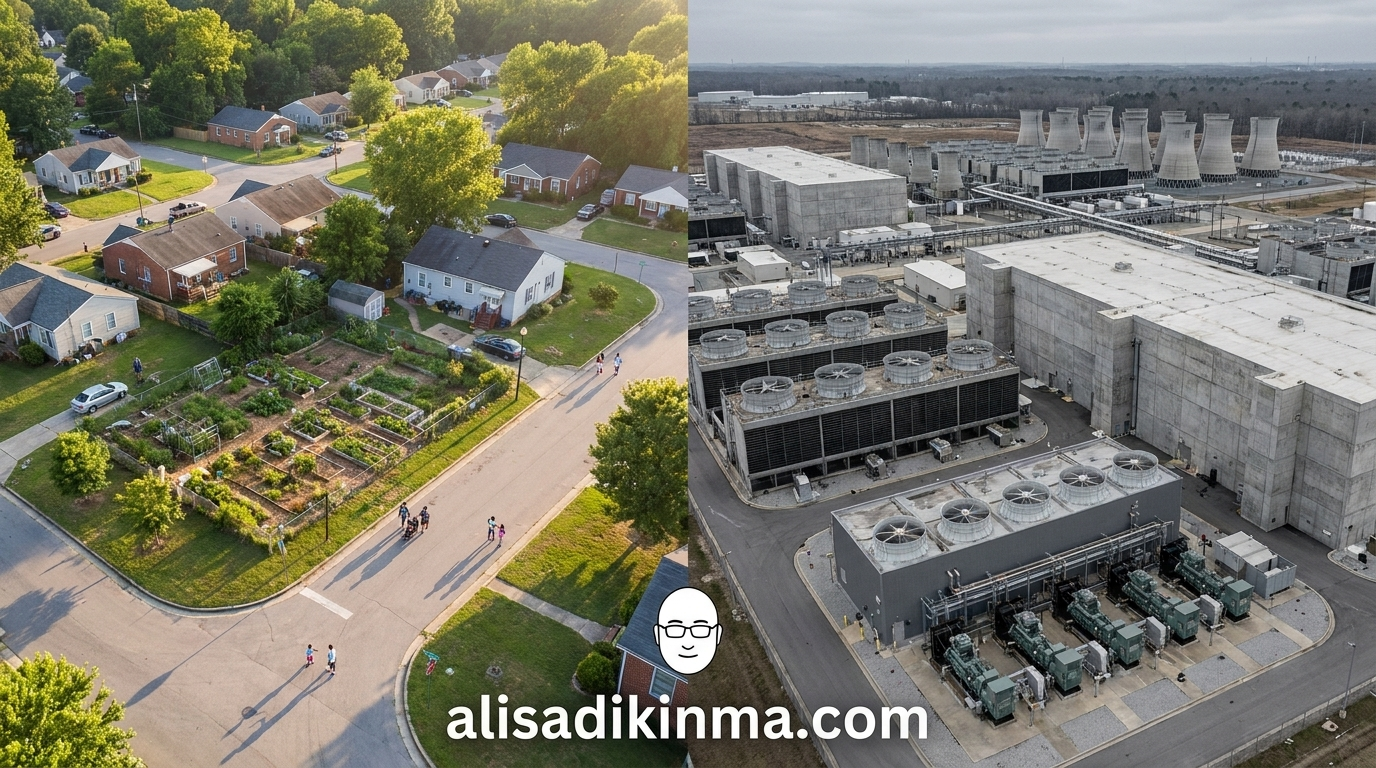 Split aerial view — quiet Black neighborhood residential streets on the left versus the massive Colossus 2 industrial data center footprint on the right — stark visual contrast