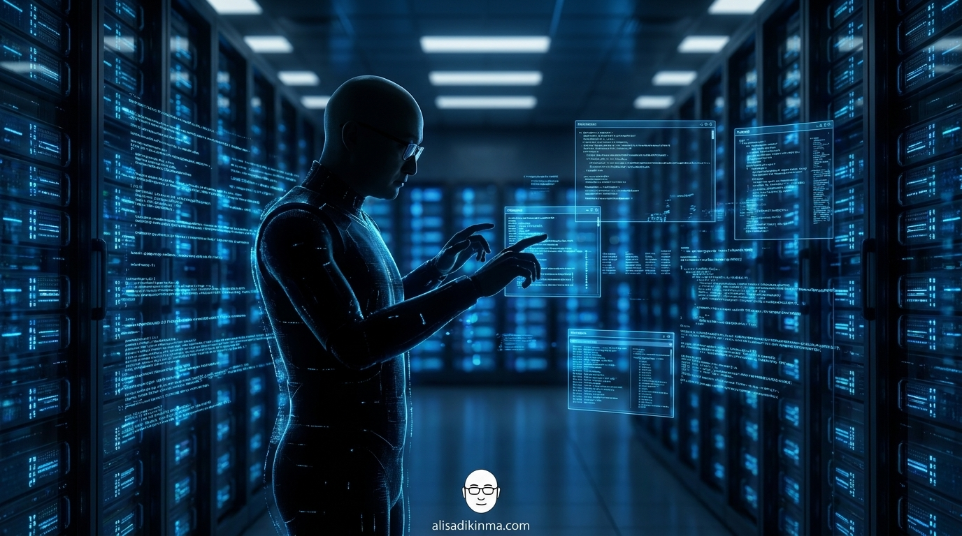 Silhouetted autonomous AI agent working independently in a dark server room with glowing data streams, representing always-on proactive AI