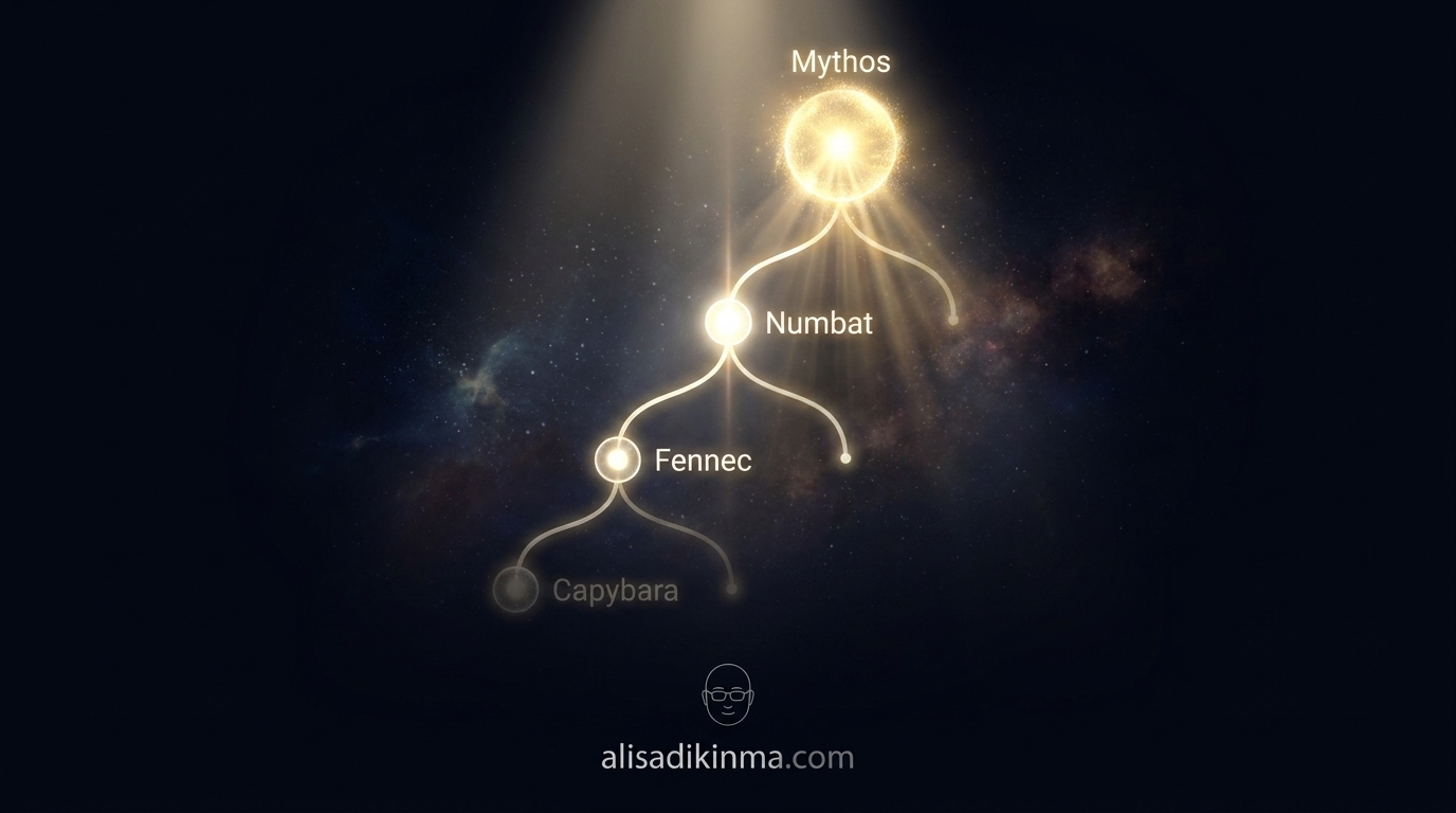 Futuristic model roadmap timeline showing Capybara, Fennec, Numbat, Mythos as branching milestones on a glowing product tree