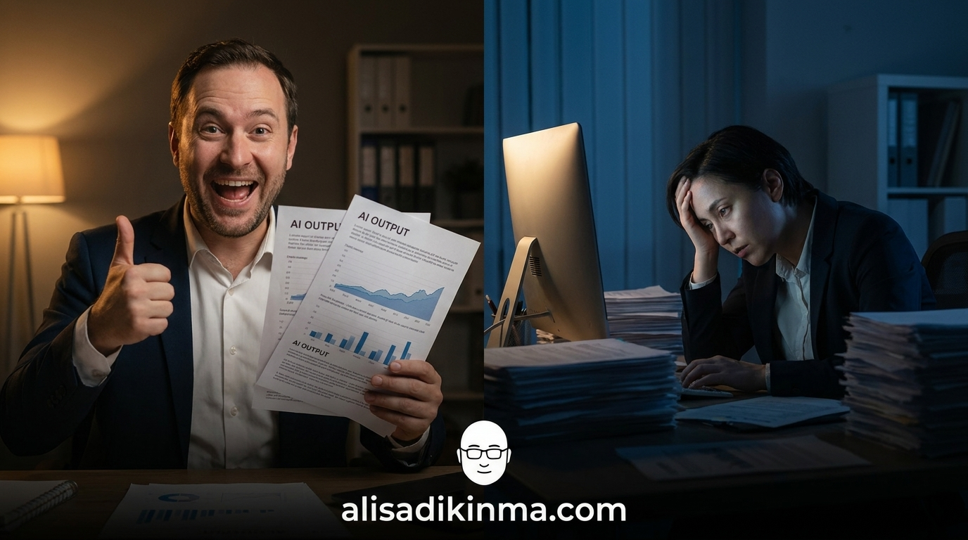 Split-screen showing enthusiastic manager with AI printouts on one side, exhausted employee surrounded by drafts to fix on the other — the hidden cost of AI enthusiasm