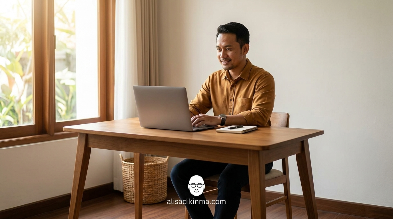Confident professional at clean organized laptop setup — relaxed posture, slight smile, natural light — symbolizing strategic control without overwhelm