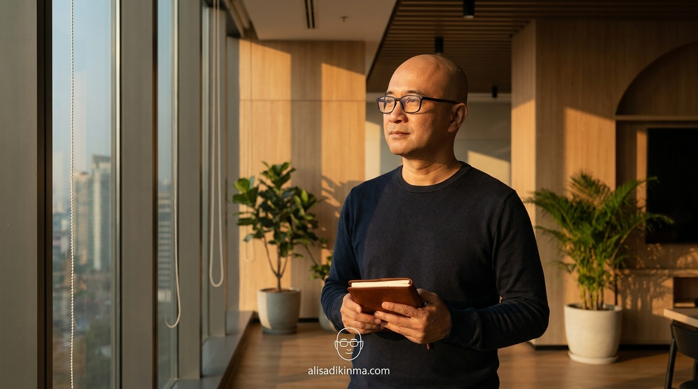 Professional in a focused purposeful stance near a window — warm afternoon light, no AI screens visible, representing irreplaceable human judgment