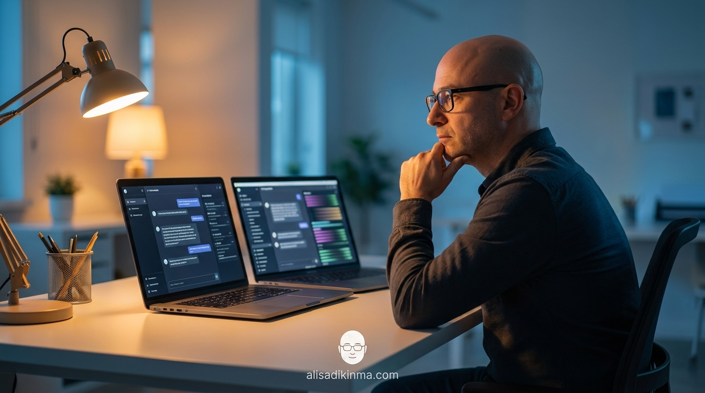 Young professional at crossroads choosing between two AI tools — the decisive practical decision moment