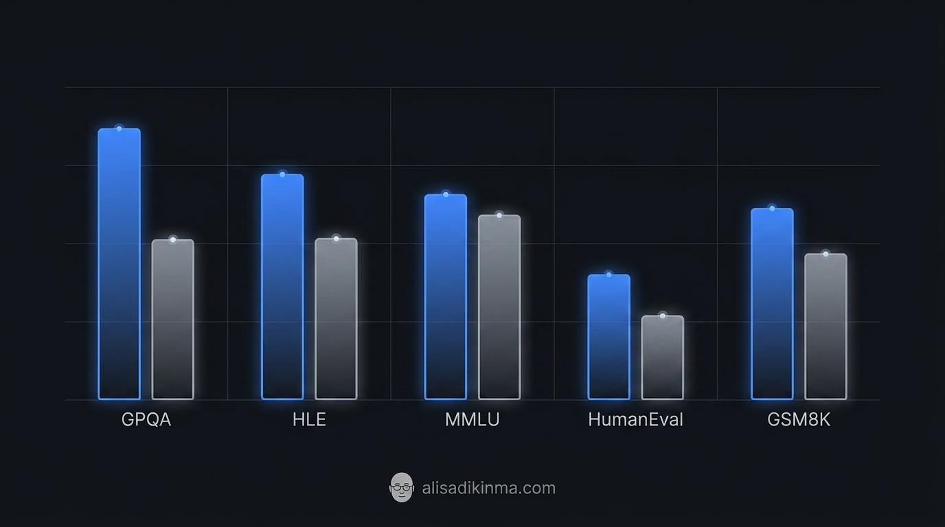 Benchmark comparison data visualization — clean bar chart showing Gemini 3 surpassing ChatGPT across GPQA Diamond, HLE, ARC-AGI-2, LMArena, and MMMLU tests