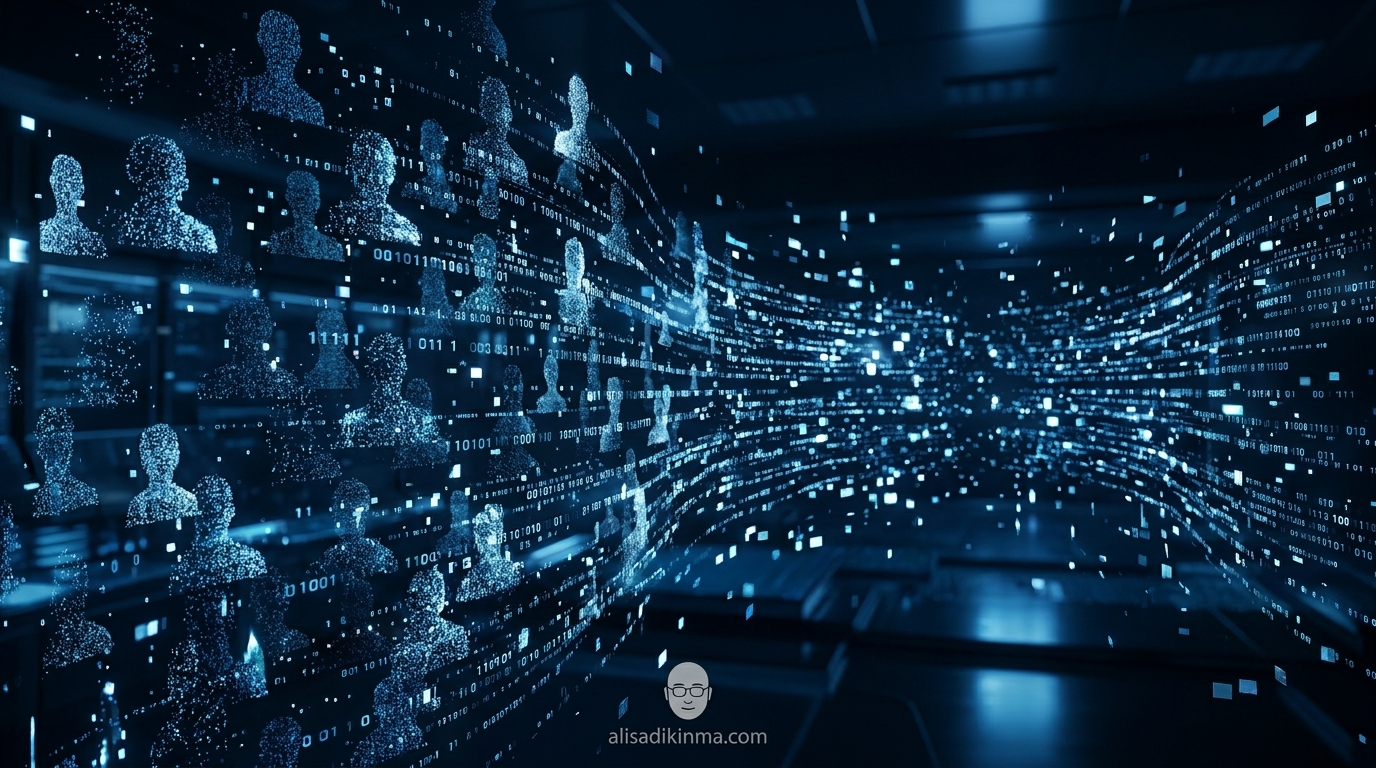 Abstract digital visualization of mass AI image generation — streams of fragmented human silhouettes dissolving into data pixels, clinical and unsettling, no real people