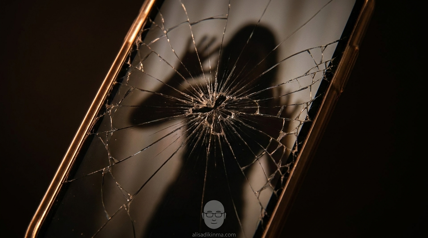 Symbolic advocacy visual representing anonymous victims — shattered smartphone screen with a female silhouette in shadow, hands raised in defense, empathetic not exploitative
