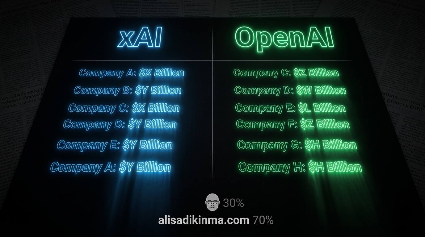 Side-by-side M&A scoreboard comparing xAI and OpenAI acquisition portfolios with deal values