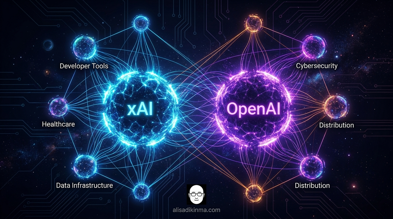 Abstract AI ecosystem territory map showing xAI and OpenAI as dominant node clusters absorbing surrounding AI vertical companies