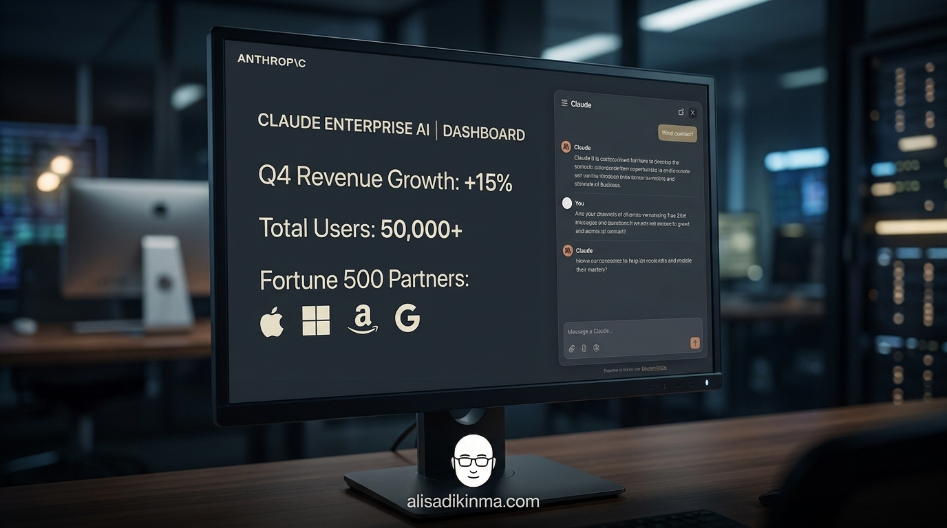 Anthropic Claude enterprise dashboard — sophisticated AI interface showing enterprise-scale adoption, dark slate and cream palette reflecting Claude brand identity