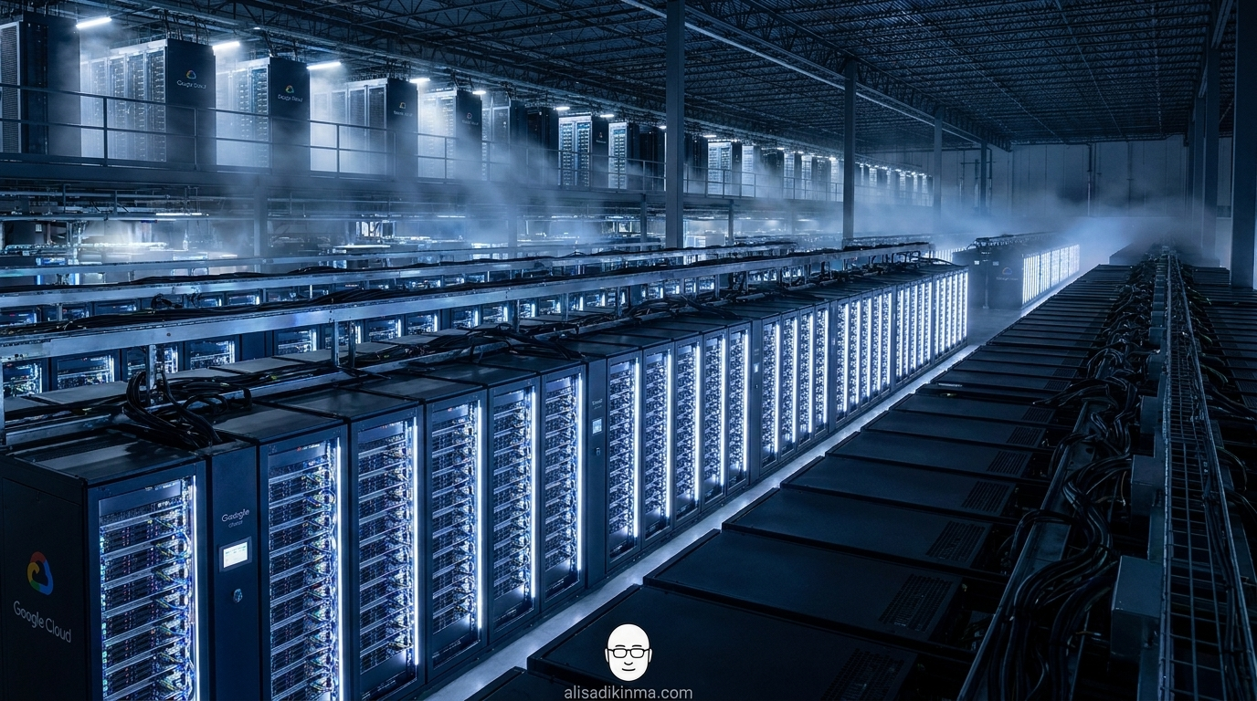 Google Cloud TPU Ironwood hyperscale data center — massive computing infrastructure rows with dramatic blue lighting, conveying the true asset being secured in this deal