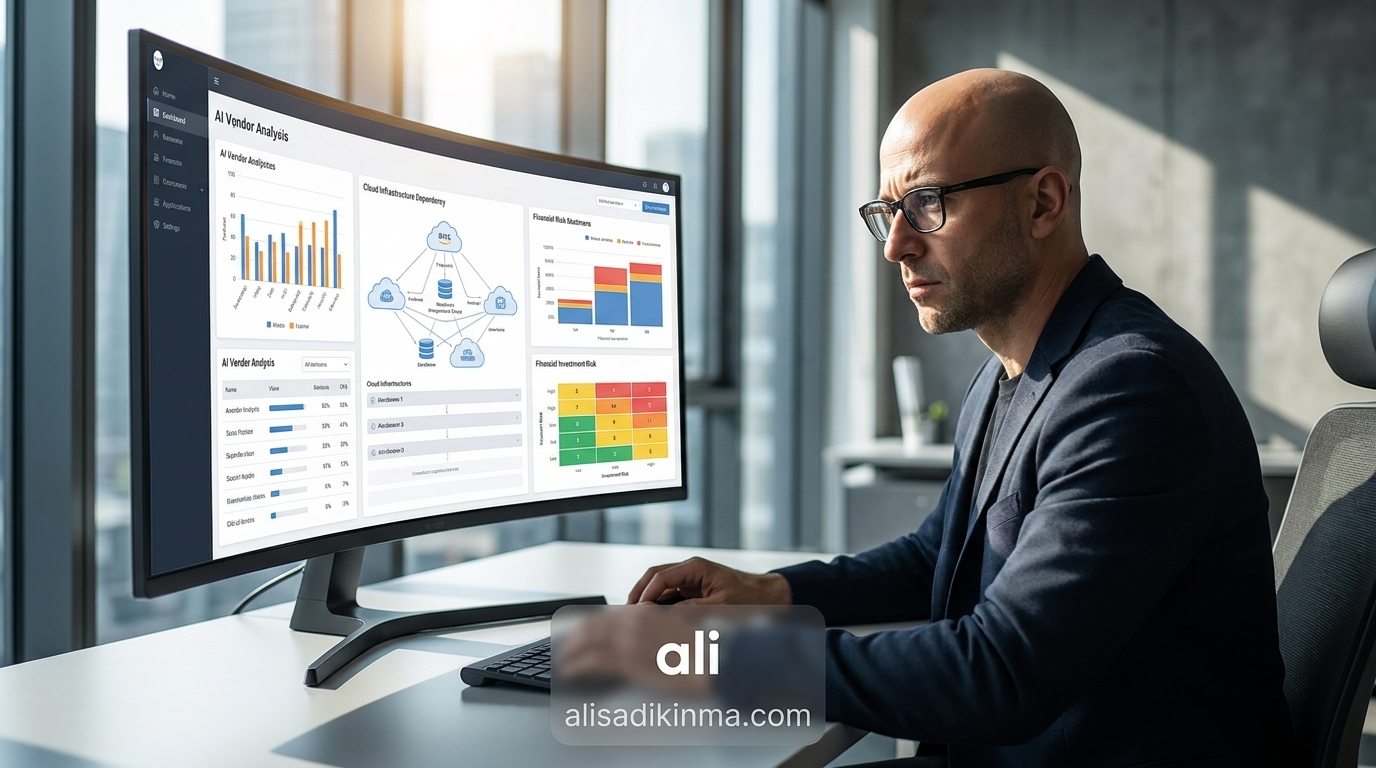 Enterprise technology strategist analyzing AI investment landscape on large monitor — strategic decision-making moment, data dashboards with infrastructure dependency mapping visible