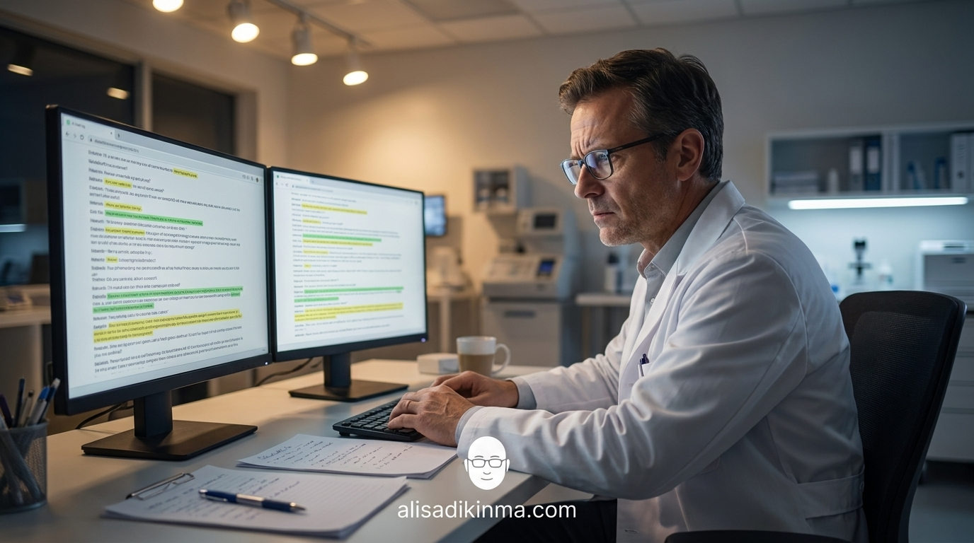 Researcher in a clinical workspace reviewing multiple AI chat logs across two monitors. Focus on screen data, warm overhead light. Analytical, methodical mood.