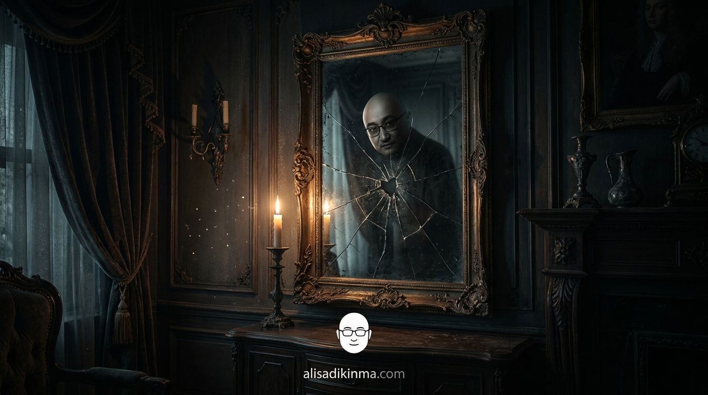 Dark atmospheric room with an antique cracked mirror showing a distorted split reflection — a doppelganger visible in the glass. Candlelight, gothic and deeply unsettling tone.